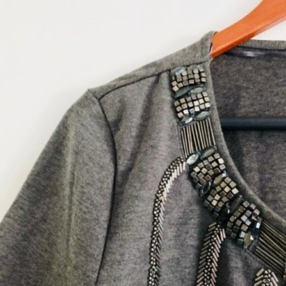 H&M Cocktail Jacket M Cropped Thick Knit Embellished Beaded Open Front Gray - Picture 3 of 8